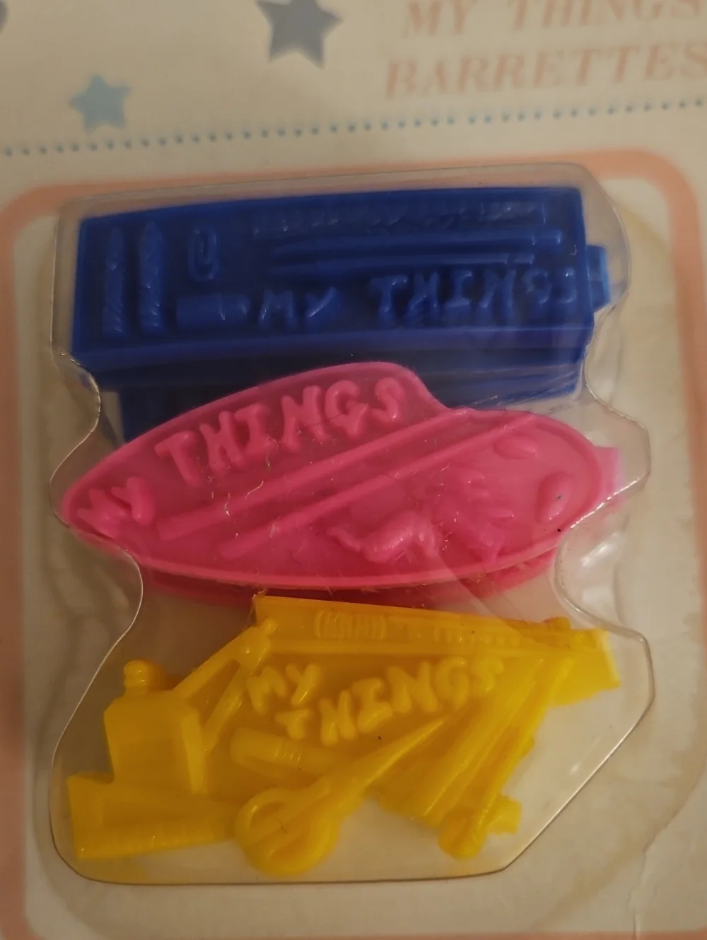 Vtg LITTLE LINDA Colorful Back To School Hair Barrettes - Blue, Pink & Yellow